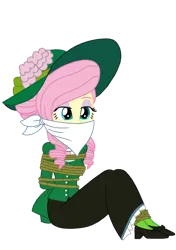 Size: 751x1064 | Tagged: safe, artist:robukun, derpibooru import, fluttershy, equestria girls, background removed, bondage, bound and gagged, cloth gag, full body, gag, hat, image, png, rope, ropes, solo, western