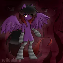 Size: 2000x2000 | Tagged: safe, artist:zeffdakilla, derpibooru import, oc, oc:frankie fang, unofficial characters only, pegasus, pony, semi-anthro, abstract background, bipedal, clothes, emo, image, long mane, looking sideways, png, raised hoof, scene, scene kid, smiling, smirk, socks, solo, spread wings, standing, striped socks, wings