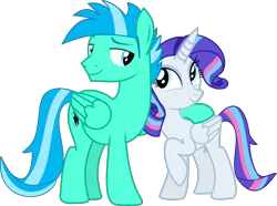 Size: 2258x1679 | Tagged: safe, artist:rarity3257, derpibooru import, oc, oc:sky dancer, oc:stardust falken, unofficial characters only, alicorn, pegasus, pony, alicorn oc, base used, duo, duo male and female, eyebrows, father and child, father and daughter, female, folded wings, horn, image, looking at each other, looking at someone, male, mare, not rarity, pegasus oc, photo, png, side hug, simple background, smiling, smiling at each other, stallion, transparent background, vector, wings