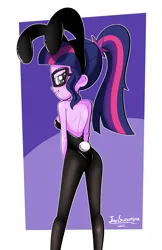 Size: 1981x3053 | Tagged: suggestive, artist:javisuzumiya, derpibooru import, sci-twi, twilight sparkle, human, equestria girls, ass, bunny ears, bunny sparkle, bunny suit, butt, clothes, female, grin, high res, image, looking at you, looking back, looking back at you, outline, passepartout, png, rear view, sci-twibutt, smiling, smiling at you, solo, solo female, white outline