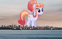 Size: 2048x1284 | Tagged: safe, artist:starryshineviolet, derpibooru import, edit, editor:jaredking779, amber laurel, crystal pony, earth pony, pony, background pony, canada, female, giant pony, giant/macro earth pony, giantess, highrise ponies, image, irl, jpeg, macro, mega giant, photo, ponies in real life, smiling, solo, story included, vancouver