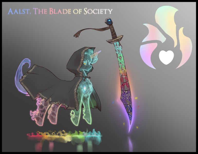 Size: 4500x3500 | Tagged: safe, artist:nsilverdraws, derpibooru import, oc, oc:aalst the blade of society, unofficial characters only, ghost, ghost pony, pony, undead, unicorn, blade, cloak, clothes, floating, genderless, glow, glowing eyes, image, magic, png, rainbow, scimitar, spirit, sword, weapon