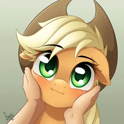 Size: 3500x3500 | Tagged: safe, artist:fadlihalimns, derpibooru import, applejack, earth pony, human, pony, :i, cute, female, high res, image, jackabetes, looking at you, mare, offscreen character, offscreen human, png, squeezing