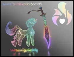 Size: 4500x3500 | Tagged: safe, alternate version, artist:nsilverdraws, derpibooru import, oc, oc:aalst the blade of society, unofficial characters only, ghost, ghost pony, pony, undead, unicorn, blade, floating, genderless, glow, glowing eyes, image, magic, png, rainbow, scimitar, spirit, sword, weapon