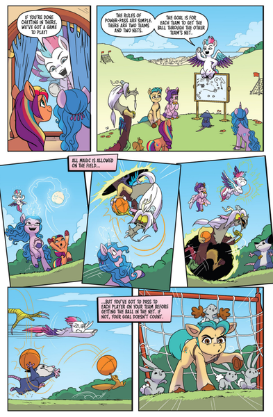 Size: 594x908 | Tagged: safe, derpibooru import, idw, discord, hitch trailblazer, izzy moonbow, pipp petals, sunny starscout, zipp storm, earth pony, pegasus, pony, unicorn, spoiler:g5comic, spoiler:g5comic10, butt, comic, g5, image, mane five (g5), old man discord, plot, png