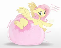 Size: 2297x1793 | Tagged: suggestive, artist:shuphle, derpibooru import, fluttershy, pegasus, pony, blue eyes, blushing, dialogue, diaper, diaper fetish, diaper inflation, fetish, frog (hoof), growth, image, impossibly large diaper, jpeg, open mouth, pink diaper, pink hair, poofy diaper, sweat, sweatdrop, text, underhoof, yellow fur