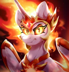 Size: 2672x2824 | Tagged: safe, artist:rico_chan, derpibooru import, daybreaker, alicorn, pony, angry, bust, crown, fire, g4, gem, glow, glowing eyes, image, jewelry, looking at you, png, portrait, regalia, slit eyes, slit pupils, snake eyes, solo, teeth, wings
