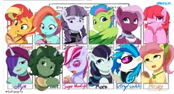 Size: 3550x1920 | Tagged: safe, artist:maren, derpibooru import, coloratura, inky rose, jinx, onyx, posey (g5), sugar moonlight, sunset shimmer, vinyl scratch, earth pony, pegasus, pony, unicorn, six fanarts, bongo beats, eyebrows, female, frown, g5, grin, headphones, high res, image, jazz hooves, looking at you, luminous dazzle, mare, one eye closed, open mouth, open smile, png, signature, smiling, smiling at you, sunglasses, wings