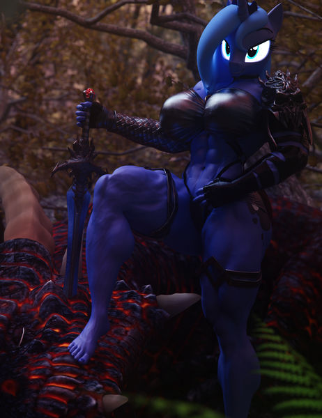 Size: 3000x3900 | Tagged: suggestive, artist:dashie116, derpibooru import, princess luna, anthro, dragon, plantigrade anthro, 3d, abs, bikini, clothes, commission, fantasy class, feet, female, forest, image, muscles, muscular female, png, revealing clothing, s1 luna, solo, swimsuit, thighs, thunder thighs, tree, warrior