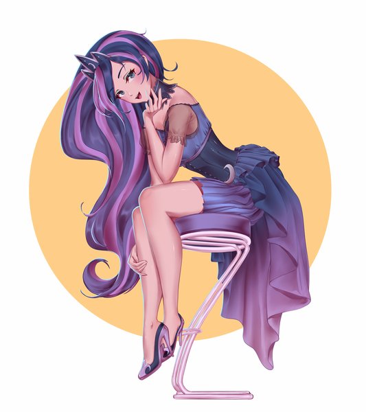 Size: 3200x3605 | Tagged: safe, artist:rauschengirl, derpibooru import, kotobukiya, princess luna, human, chair, clothes, high heels, high res, humanized, image, kotobukiya princess luna, legs, miniskirt, png, sexy, shoes, simple background, sitting, skirt, sleeveless, solo, stiletto heels, white background