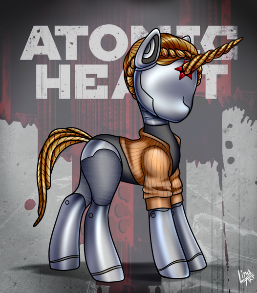 Size: 1588x1810 | Tagged: safe, artist:lina, artist:megabait, derpibooru import, oc, ponified, unofficial characters only, pony, robot, robot pony, unicorn, atomic heart, clothes, costume, female, horn, image, jacket, mare, png, rule 85, solo, solo female, unicorn oc