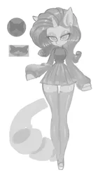 Size: 1389x2478 | Tagged: safe, artist:vanityamaryllis, derpibooru import, rarity, anthro, unicorn, clothes, ear piercing, image, jpeg, leggings, monochrome, piercing, skirt, solo, tail