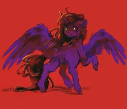 Size: 2048x1755 | Tagged: safe, artist:flaming-trash-can, derpibooru import, oc, unofficial characters only, alicorn, pony, image, jpeg, raised hoof, red background, red eyes, simple background, solo, spread wings, standing, wings