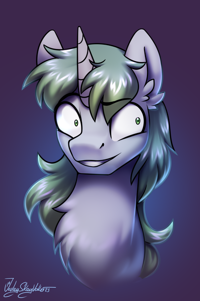 Size: 2000x3000 | Tagged: safe, artist:jedayskayvoker, derpibooru import, oc, oc:poison riddles, pony, unicorn, bust, chest fluff, ear fluff, eyebrows, gradient background, horn, icon, image, insanity, long mane, male, patreon, patreon reward, png, portrait, small eyes, solo, stallion, unicorn oc