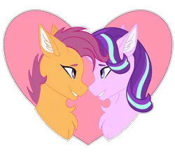 Size: 5009x4500 | Tagged: artist needed, safe, derpibooru import, scootaloo, starlight glimmer, pegasus, pony, unicorn, boop, chest fluff, crack shipping, duo, ear fluff, eyebrows, female, glimmerloo, heart, image, lesbian, looking at each other, looking at someone, mare, noseboop, older, older scootaloo, outline, png, shipping, simple background, smiling, smiling at each other, transparent background, white outline