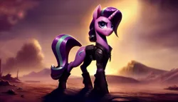 Size: 2688x1536 | Tagged: safe, derpibooru import, editor:siber, machine learning generated, purplesmart.ai, stable diffusion, starlight glimmer, pony, unicorn, clothes, desert, female, image, jacket, leather, leather jacket, looking at you, mad max, mad max fury road, mare, png, post-apocalyptic, sky, solo