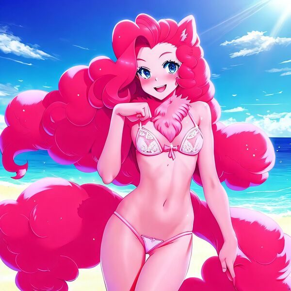 Size: 3072x3072 | Tagged: suggestive, derpibooru import, machine learning generated, purplesmart.ai, stable diffusion, pinkie pie, human, beach, bikini, chest fluff, clothes, eared humanization, humanized, image, jpeg, laughing, pony coloring, sun, swimsuit