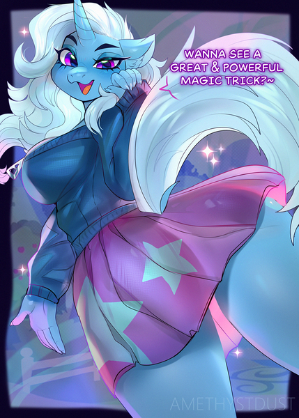 Size: 900x1258 | Tagged: suggestive, alternate version, artist:amethystdust, derpibooru import, trixie, anthro, unicorn, clothes, dialogue, dock, female, image, jpeg, looking at you, looking back, looking back at you, looking down, looking down at you, skirt, solo, solo female, sparkles, sweater, tail