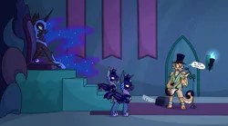 Size: 3655x2032 | Tagged: safe, artist:moonatik, derpibooru import, nightmare moon, oc, oc:myoozik the dragon, alicorn, bat pony, dragon, pony, alternate timeline, amplifier, banner, clothes, commission, guitar, hat, image, jewelry, megadeth, musical instrument, necklace, night guard, nightmare takeover timeline, png, shirt, stairs, throne, top hat, torch