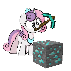 Size: 1000x1000 | Tagged: safe, artist:sugar morning, derpibooru import, sweetie belle, pony, unicorn, don't mine at night, animated, cute, derpibooru exclusive, diamond, diamond ore, diamond pickaxe, diasweetes, female, gif, image, mare, minecraft, mining, mouth hold, pickaxe, simple background, solo, standing, transparent background