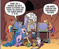 Size: 1079x886 | Tagged: safe, derpibooru import, idw, discord, izzy moonbow, sunny starscout, draconequus, earth pony, pony, unicorn, spoiler:comic, spoiler:g5comic, spoiler:g5comic10, cave, female, g5, image, jpeg, male, mare, old man discord
