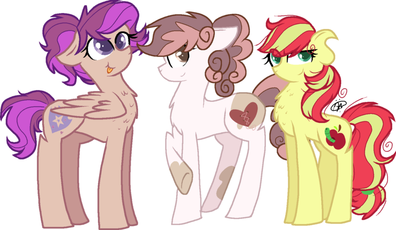 Size: 1661x967 | Tagged: safe, artist:gallantserver, derpibooru import, oc, oc:apple june, oc:star sentry, oc:sweetheart (gallantserver), unofficial characters only, earth pony, pegasus, pony, unicorn, chest fluff, female, floppy ears, image, mare, offspring, parent:apple bloom, parent:button mash, parent:rumble, parent:scootaloo, parent:sweetie belle, parent:tender taps, parents:rumbloo, parents:sweetiemash, parents:tenderbloom, png, simple background, tongue out, transparent background