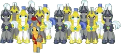 Size: 517x226 | Tagged: safe, artist:pascalmulokozi2, derpibooru import, edit, edited screencap, screencap, flash magnus, earth pony, pegasus, pony, unicorn, a rockhoof and a hard place, armor, army, background removed, image, male, not a vector, png, simple background, stallion, transparent background