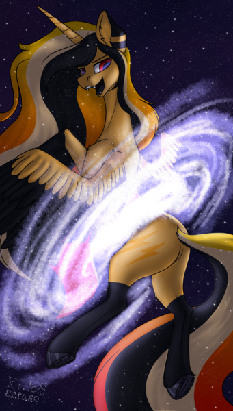 Size: 2080x3662 | Tagged: suggestive, artist:lightning bolty, derpibooru import, oc, oc:lightning bolty, alicorn, alicorn oc, ethereal mane, floating, flying, galaxy, horn, image, long mane, long mane male, long tail, macro, png, shading, space, starry mane, starry tail, tail, wings