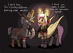 Size: 2078x1500 | Tagged: safe, artist:28gooddays, derpibooru import, oc, oc:cables, oc:coxa, changeling, pegasus, pony, anisocoria, armor, candle, chains, changeling oc, clothes, coat, crossover, dialogue, fangs, fire, image, inquisitor, no source available, pegasus oc, png, reference to another series, smiling, warhammer (game), wings, witch