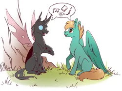 Size: 2000x1502 | Tagged: safe, artist:28gooddays, derpibooru import, oc, oc:coxa, oc:silent night, changeling, pegasus, pony, anisocoria, changeling oc, conversation, fangs, grass, image, looking at each other, looking at someone, no source available, pegasus oc, png, red changeling, sitting, smiling, speech bubble, tree, wings