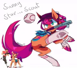 Size: 640x568 | Tagged: safe, artist:anwa-gows-uwu, derpibooru import, sunny starscout, earth pony, human, pony, ball, baseball bat, cap, crossover, female, g5, hat, image, jpeg, male, mare, mouth hold, pun, reference, scout, simple background, solo, team fortress 2, visual pun, white background