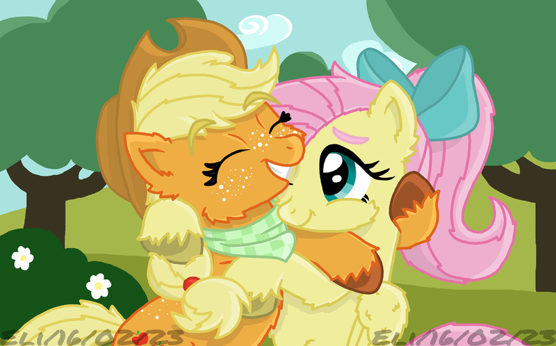 Size: 1280x797 | Tagged: safe, artist:autisticeli, derpibooru import, applejack, fluttershy, earth pony, pegasus, pony, appleshy, bow, eyes closed, female, fluffy, hair bow, hug, image, lesbian, png, ponytail, shipping, unshorn fetlocks