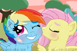 Size: 1280x854 | Tagged: safe, artist:autisticeli, derpibooru import, fluttershy, rainbow dash, pegasus, pony, bandaid, blushing, bow, ear piercing, earring, eyes closed, female, flutterdash, hair bow, image, jewelry, kiss on the cheek, kissing, lesbian, mare, one eye closed, piercing, png, shipping, smiling