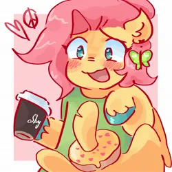 Size: 2048x2048 | Tagged: safe, artist:dmitrymemovznok, derpibooru import, fluttershy, pegasus, pony, blush sticker, blushing, coffee cup, colored hooves, cup, donut, female, food, heart, hoof hold, image, jpeg, magnetic hooves, mare, misleading thumbnail, peace symbol, solo, wing hands, wings