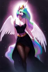 Size: 2816x4224 | Tagged: suggestive, derpibooru import, editor:epsilonwolf, machine learning assisted, machine learning generated, purplesmart.ai, stable diffusion, princess celestia, anthro, adorasexy, bracelet, breasts, cleavage, clothes, cute, dress, flowing mane, flowing tail, horn, image, jewelry, looking at you, majestic, necklace, pantyhose, png, regalia, sexy, smug, solo, spread wings, starry background, tail, tiara, waistband, wings