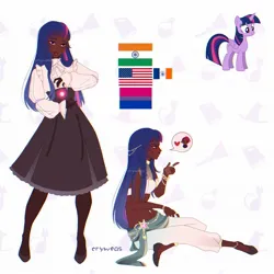 Size: 2048x2048 | Tagged: safe, artist:cryweas, derpibooru import, tempest shadow, twilight sparkle, twilight sparkle (alicorn), alicorn, human, pony, american flag, anklet, asian, belly button, belly piercing, bisexual pride flag, blushing, bracelet, clothes, cute, dark skin, eye scar, eyeshadow, facial scar, female, flag, gloves, heart, high heels, humanized, image, implied lesbian, implied shipping, implied tempestlight, india, indian, jewelry, jpeg, lipstick, magic, makeup, mare, midriff, pants, piercing, pride, pride flag, ring, scar, shirt, shoes, simple background, skirt, socks, solo, stockings, tattoo, thigh highs, twiabetes, white background