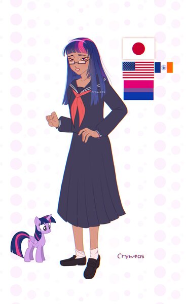 Size: 1251x2048 | Tagged: safe, artist:cryweas, derpibooru import, twilight sparkle, twilight sparkle (alicorn), alicorn, human, pony, american flag, asian, bisexual pride flag, bracelet, clothes, cute, female, flag, flats, glasses, grin, hairband, humanized, image, japan, japanese, jewelry, jpeg, mare, moon runes, pride, pride flag, school uniform, shirt, shoes, simple background, skirt, smiling, socks, twiabetes, white background