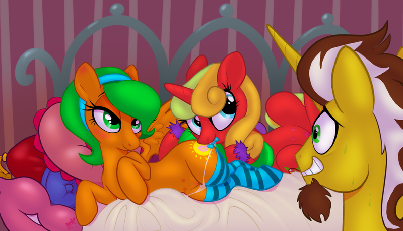 Size: 1290x739 | Tagged: explicit, alternate version, artist:pandadox, derpibooru import, oc, unofficial characters only, pegasus, pony, unicorn, bed, clothes, crotchboobs, eyelashes, female, grin, horn, image, indoors, lying down, male, mare, nervous, nervous grin, nervous sweat, nipples, nudity, oc x oc, panties, pegasus oc, png, prone, shipping, smiling, socks, stallion, striped socks, underwear, unicorn oc, vulva, wings