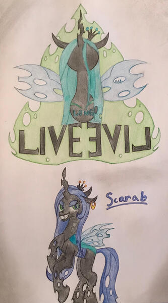 Size: 1824x3286 | Tagged: safe, artist:gracefulart693, derpibooru import, queen chrysalis, changeling queen oc, oc, changeling, changeling queen, bust, duo, female, grin, image, jpeg, parent:queen chrysalis, smiling, spread wings, traditional art, wings