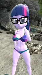 Size: 1080x1920 | Tagged: suggestive, artist:oatmeal!, derpibooru import, sci-twi, twilight sparkle, human, equestria girls, 3d, beach, belly button, big breasts, bikini, breasts, busty sci-twi, clothes, female, glasses, gmod, image, looking at you, png, solo, stupid sexy twilight, swimsuit