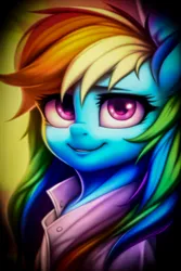 Size: 1152x1728 | Tagged: safe, ai content, derpibooru import, machine learning generated, novelai, stable diffusion, rainbow dash, anthro, pegasus, g4, bust, clothes, cute, female, image, jpeg, looking at you, portrait, prompter:endless--, smiling, smiling at you, solo