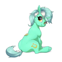 Size: 3200x3200 | Tagged: safe, artist:aquaticvibes, derpibooru import, lyra heartstrings, pony, unicorn, female, image, looking back, mare, note, png, silly, silly pony, simple background, sitting, solo, sticky note, white background