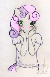 Size: 563x866 | Tagged: safe, artist:sheepingly, derpibooru import, sweetie belle, anthro, unicorn, blushing, commission, hands on cheeks, image, jpeg, solo, traditional art