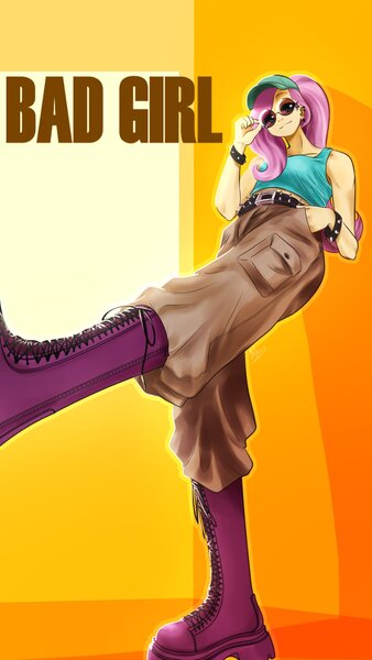 Size: 1080x1920 | Tagged: safe, artist:makaryo, derpibooru import, fluttershy, human, equestria girls, boots, bracelet, clothes, female, image, jpeg, looking down, low angle, shoes, smiling, solo, spiked belt, spiked wristband, sunglasses, tanktop, text, wristband