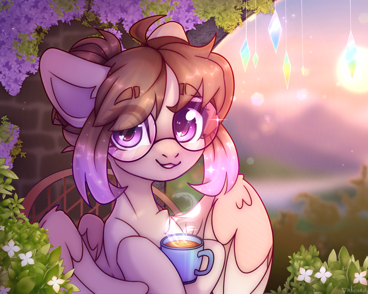 Size: 4000x3200 | Tagged: safe, artist:radioaxi, derpibooru import, oc, unofficial characters only, pegasus, pony, cup, cute, female, glasses, high res, holding, image, looking at you, mare, ocbetes, png, solo