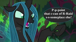 Size: 1280x720 | Tagged: safe, derpibooru import, edit, edited screencap, screencap, queen chrysalis, changeling, changeling queen, the beginning of the end, angry, female, image, implied insecticide, offscreen character, png, speech, speech bubble, talking, terrified, this will end in assassination, this will end in death