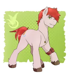 Size: 1370x1500 | Tagged: safe, artist:icy_passio, derpibooru import, oc, oc:canelo, earth pony, pony, design, green eyes, image, jewelry, male, pendant, png, raised hoof, red mane, simple background, solo, stallion, unshorn fetlocks