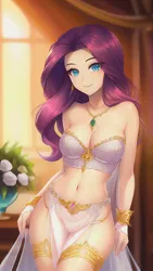 Size: 864x1536 | Tagged: suggestive, derpibooru import, editor:sammykun, machine learning generated, rarity, human, equestria girls, absolute cleavage, bare shoulders, beautisexy, belly button, bracelet, bracer, breasts, busty rarity, cleavage, clothes, dress, female, flower, garter belt, gold, humanized, image, jewelry, light skin, lingerarity, lingerie, lips, loincloth, long hair, looking at you, midriff, necklace, pantyhose, png, seductive, seductive pose, sexy, shiny, silk, skirt, sleeveless, slim, solo, solo female, stupid sexy rarity, sultry pose, window