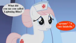 Size: 1280x720 | Tagged: safe, derpibooru import, edit, edited screencap, screencap, nurse redheart, earth pony, pony, applebuck season, berserk button, dialogue, hat, image, implied oc, nurse hat, offscreen character, png, solo, speech bubble, this ended in pain
