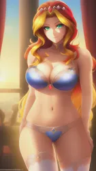 Size: 864x1536 | Tagged: suggestive, derpibooru import, editor:sammykun, machine learning generated, sunset shimmer, human, equestria girls, bare shoulders, beautisexy, belly button, breasts, busty sunset shimmer, clothes, extra thicc, female, gold, humanized, image, jewelry, jpeg, light skin, lighting, lingerie, long hair, looking at you, midriff, necklace, pantyhose, seductive, seductive pose, sexy, shiny, sleeveless, slim, solo, stupid sexy sunset shimmer, sunlight, window